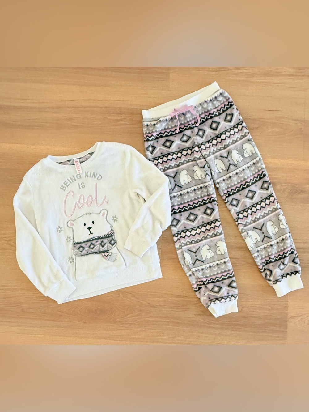 Justice Girls Polar Bear Pajama Set - White, Pink & Gray- Girls 10